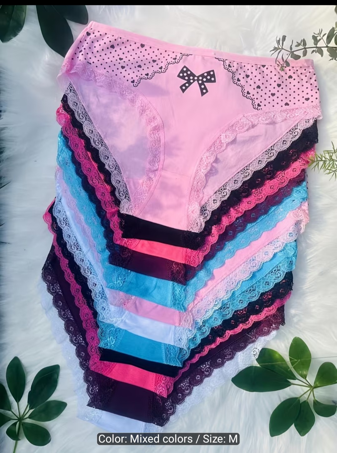 12pcs Elegant Contrast Lace Briefs Size M, L, Xl with Bow and Heart Print.