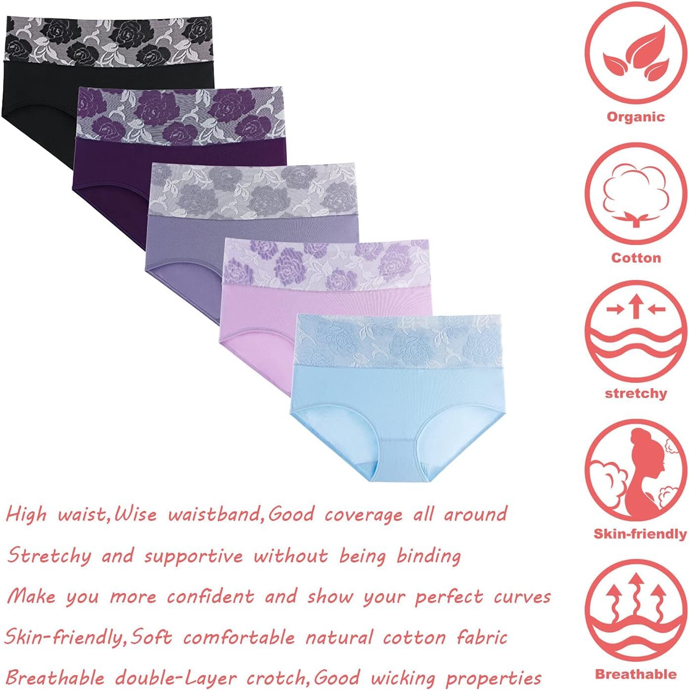 5Pack Womens High Waist Underwear Tummy Control briefs,Postpartum Cotton Panties