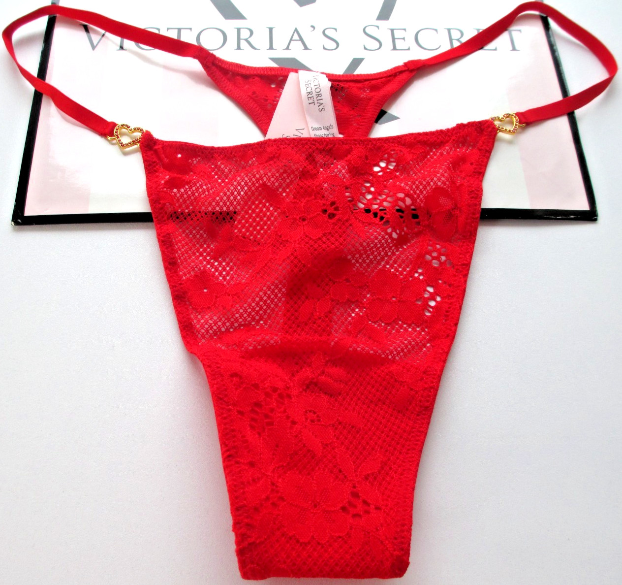 VICTORIA’S SECRET DREAM ANGELS Thong Panty XL Red NWT Lace VS Hardware Heart