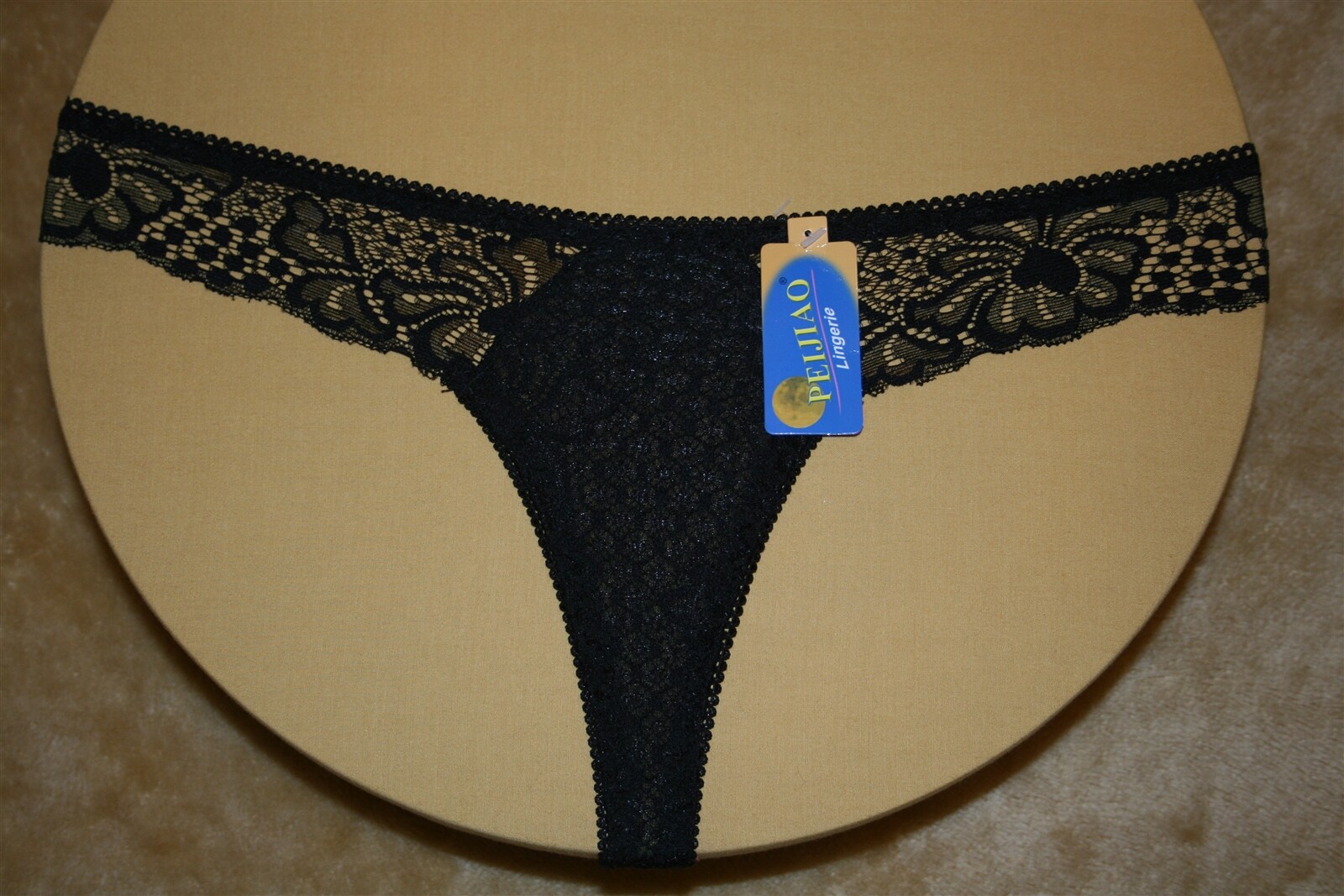 Black Thong with Lace Flowers, Designs, Tiny Polka Dots on Front – No Size