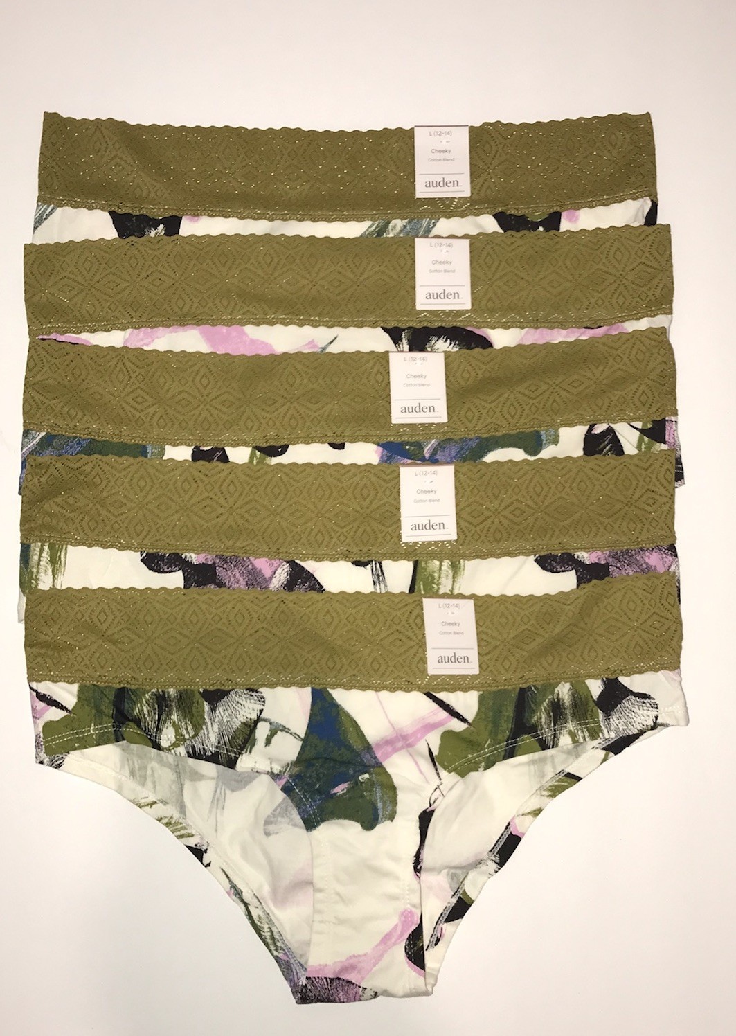 5 AUDEN Cotton Blend Cheeky Bikini Panties LARGE 12-14 Lace, Abstract Leaf