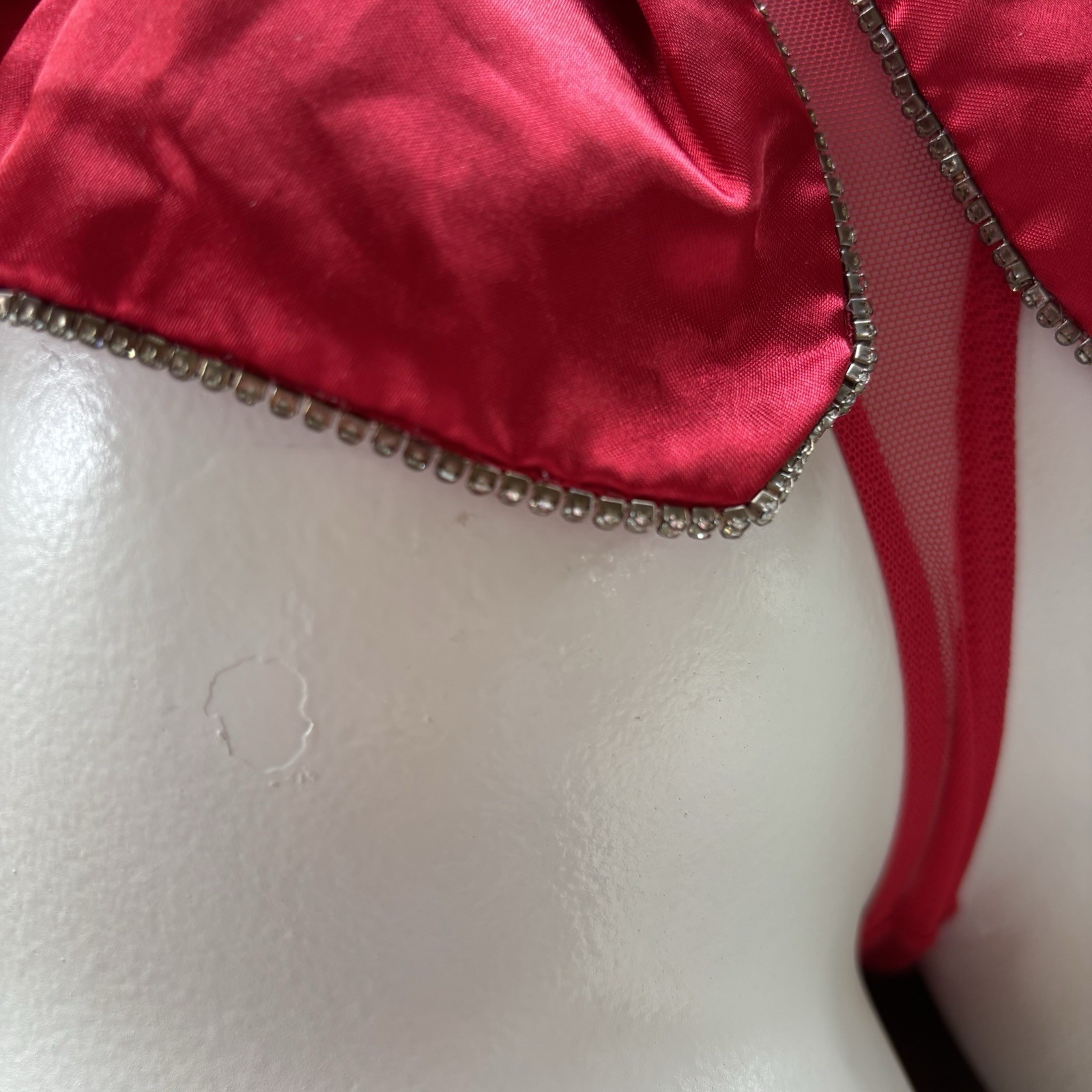 Victoria’s Secret Thong Panty Silky Rhinestones Gem Bow Red Shiny Large NWOT