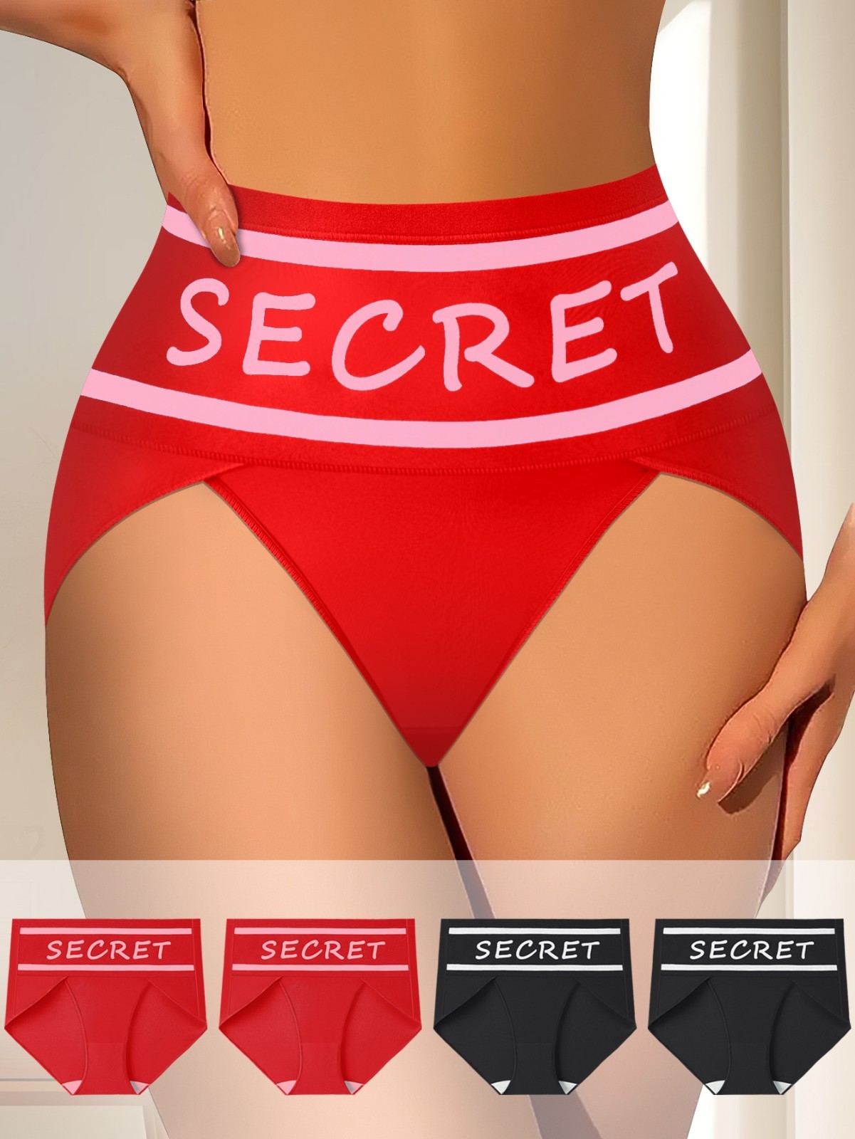 2 Pack High Waist Letter Print Bikini Panties Breathable Milk Silk Tummy Control