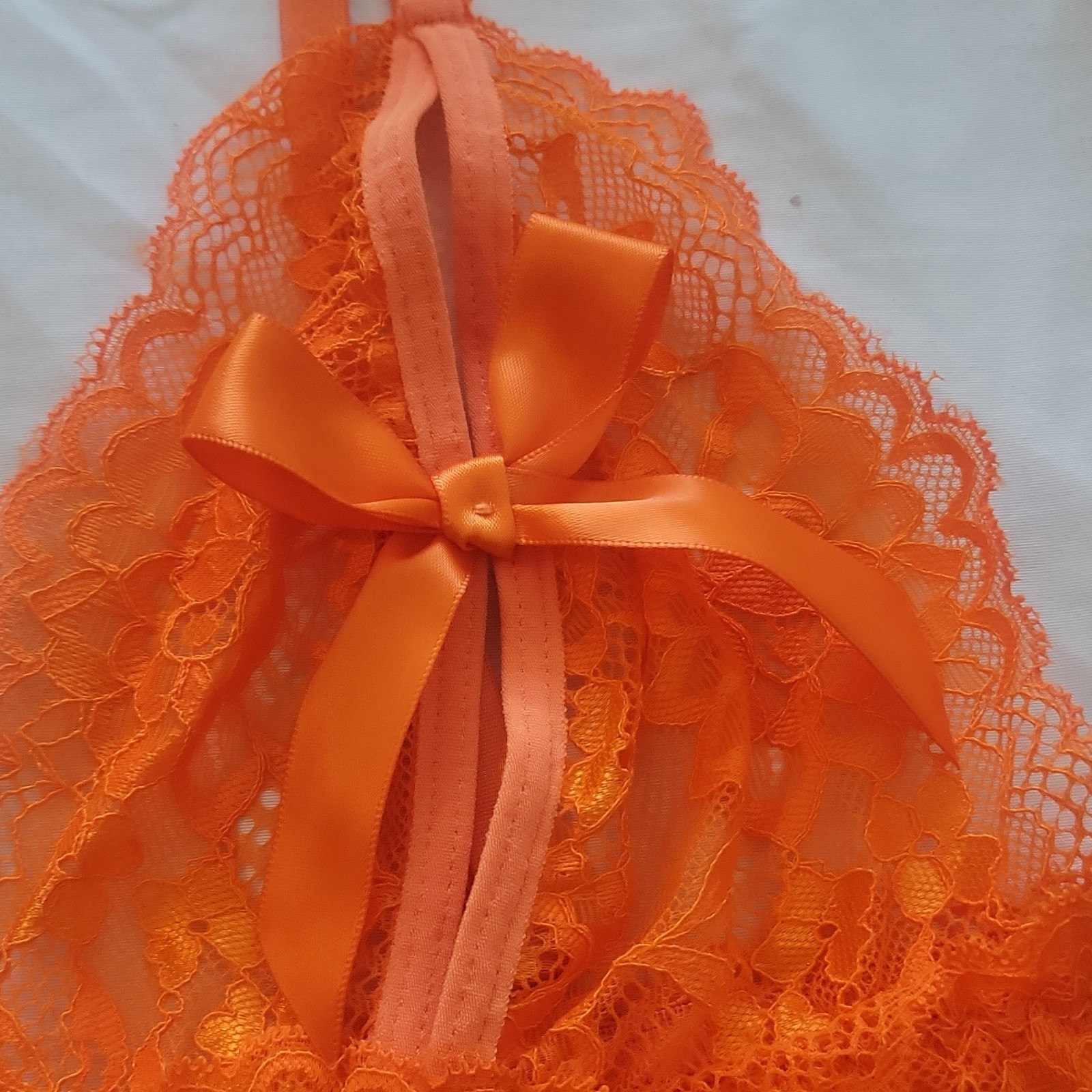 Orange Lace Boyshort Panties, Bow Accent, Size L, Polyamide Elastane