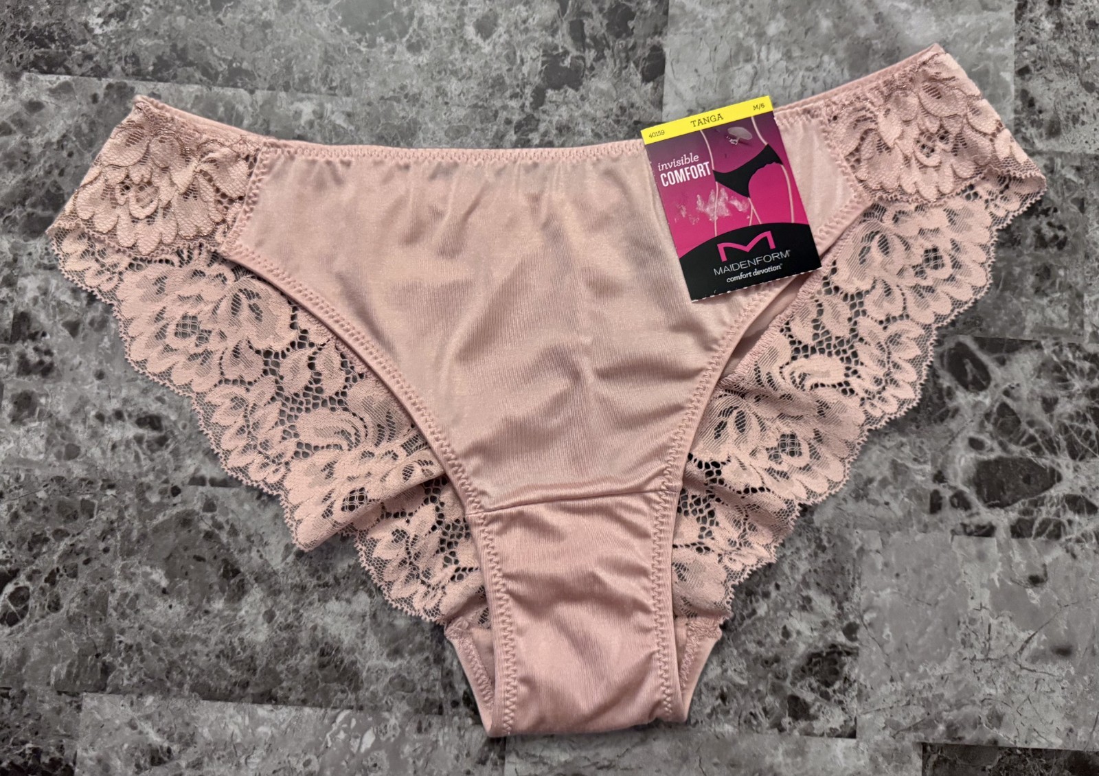 MAIDENFORM M PALE PINK SMOOTH FLORAL ROSE GOLD LACE RUCHED TANGA CHEEKY PANTIES