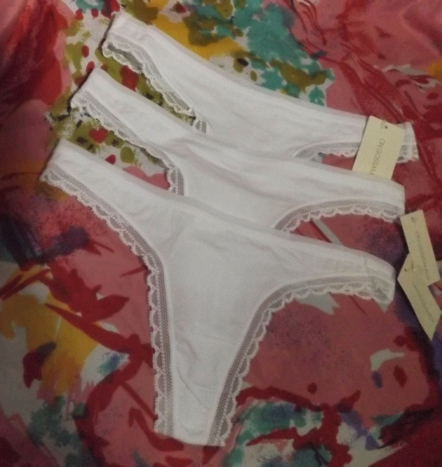 3 NEW ON GOSSAMER G2161 CABANA COTTON LACE TRIM HIP-G THONG PANTIES M