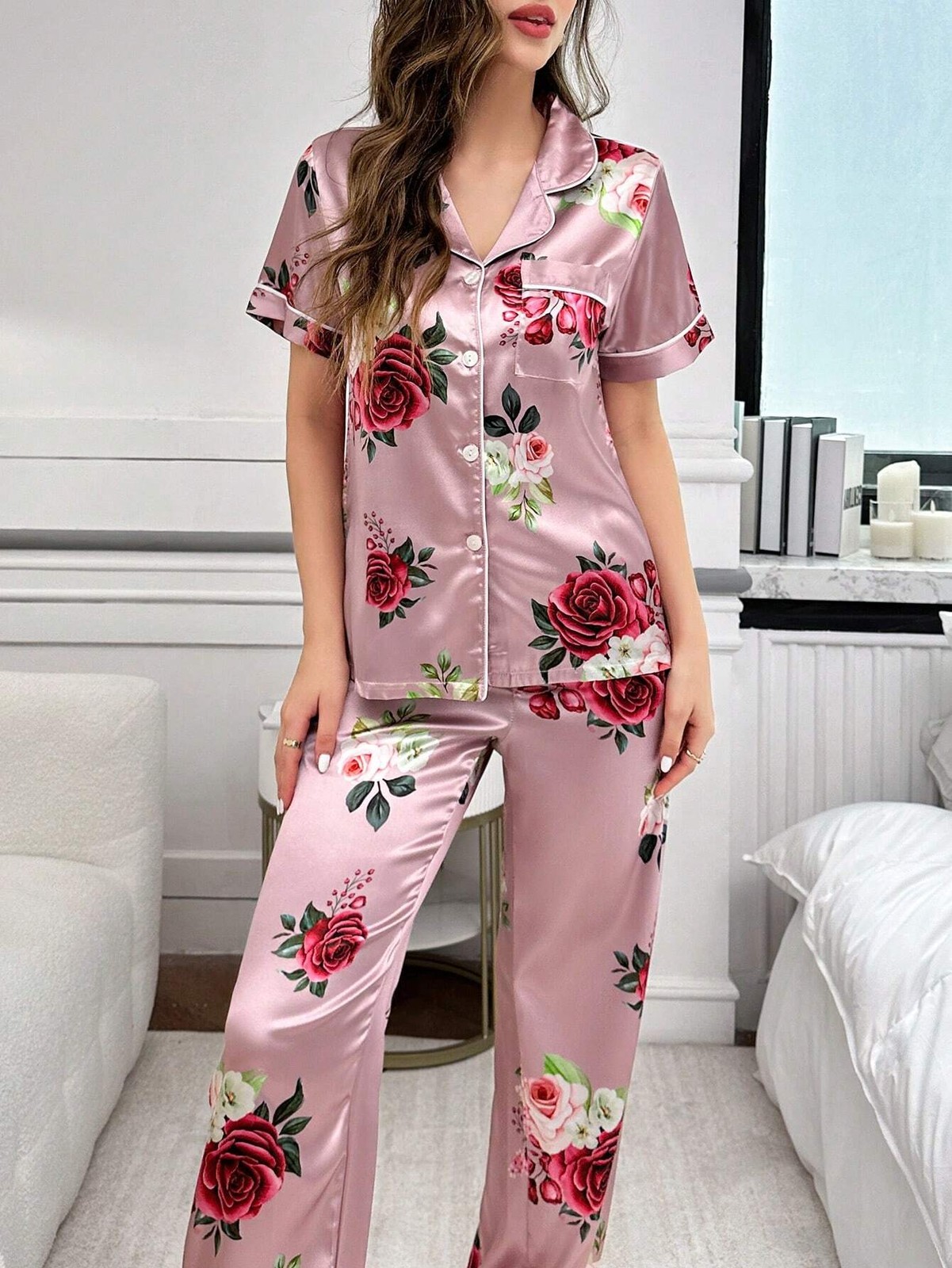 LuxeNights Satin Floral Pattern Collared Top & Pants Pyjama Set Ladies Cheap24