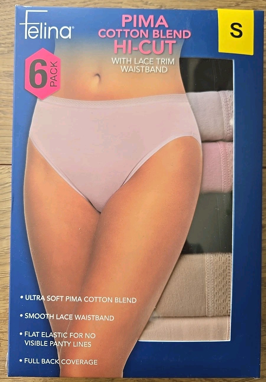 Felina Women’s 6-Pack Pima Cotton Hi-Cut with Lace Trim Panties, Multicolor, SM