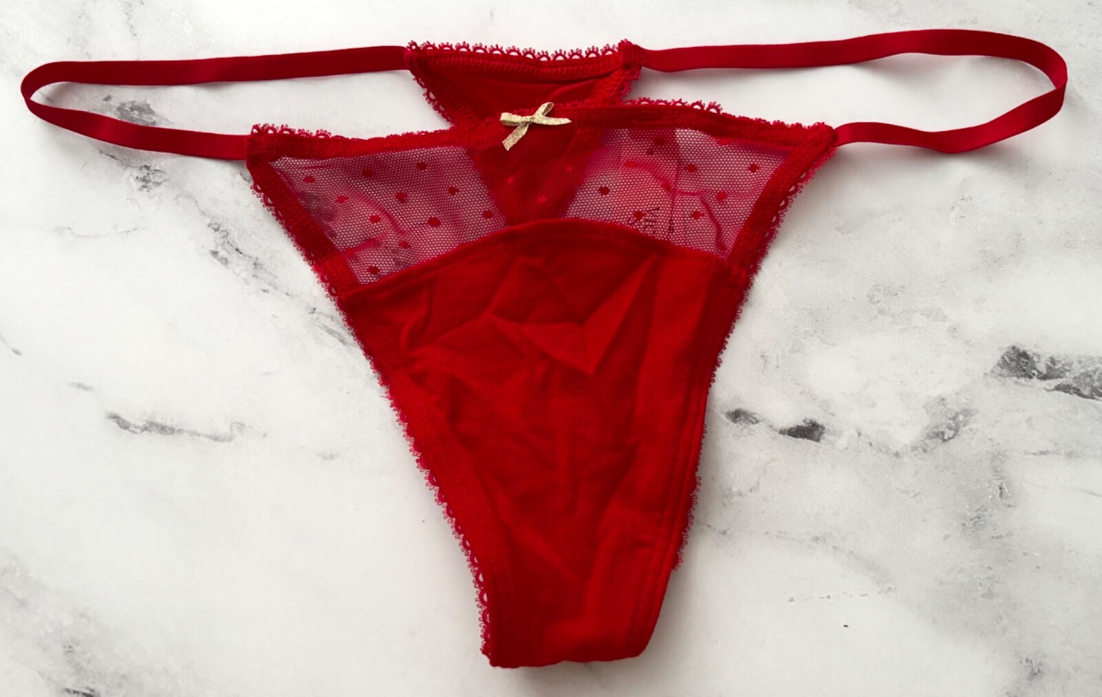 Victoria’s Secret V String Panty Red Stretch Cotton Blend Dot Mesh S M XL 2XL