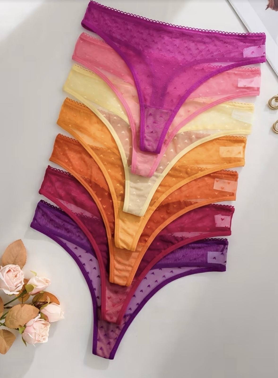 Women’s Thong Panties Low Rise Mesh Lace Hearts Red Orange Pink Purple 7pk L