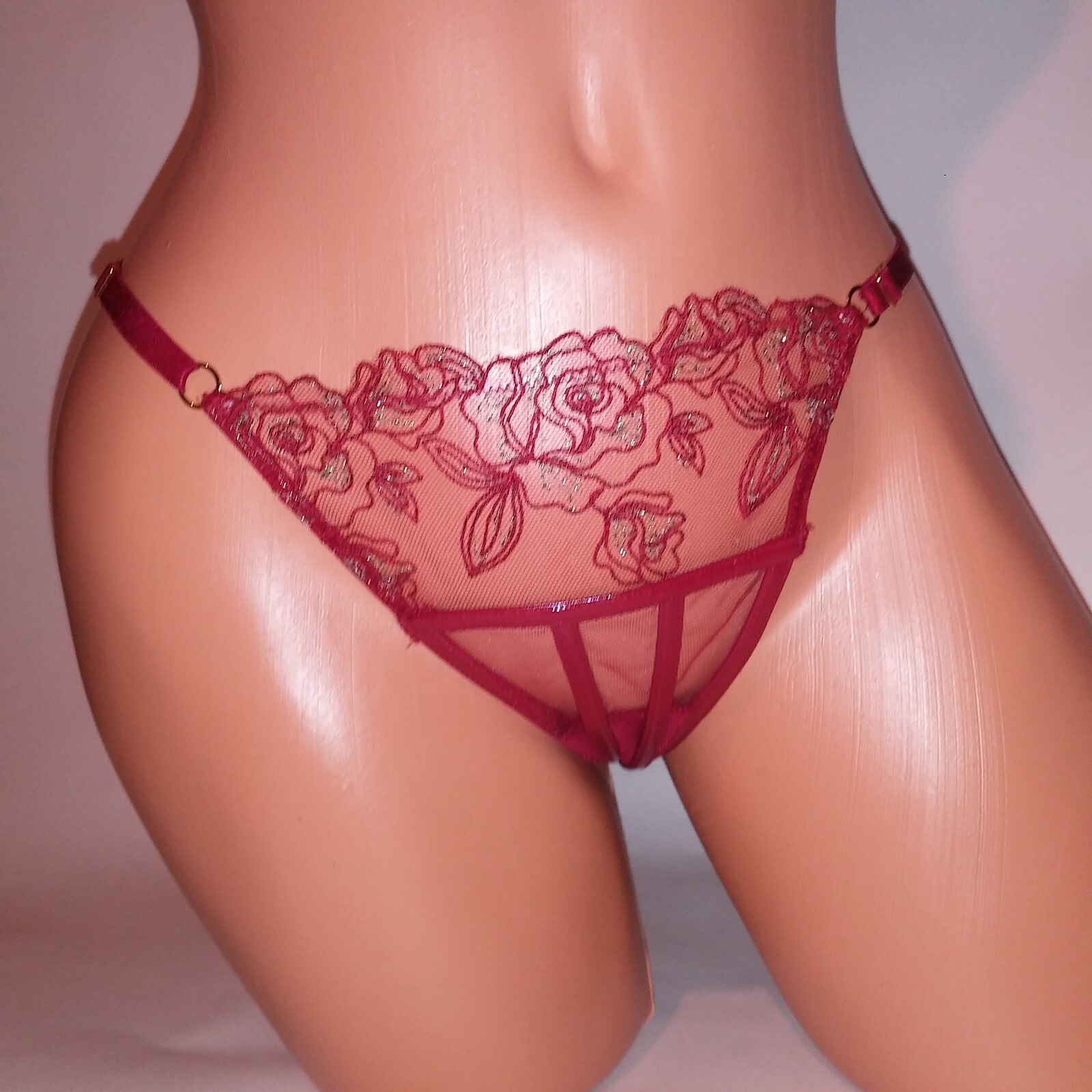 Victoria Secret Panty Brazilian Small Deep Red Embroidered Lace String Adjustabl