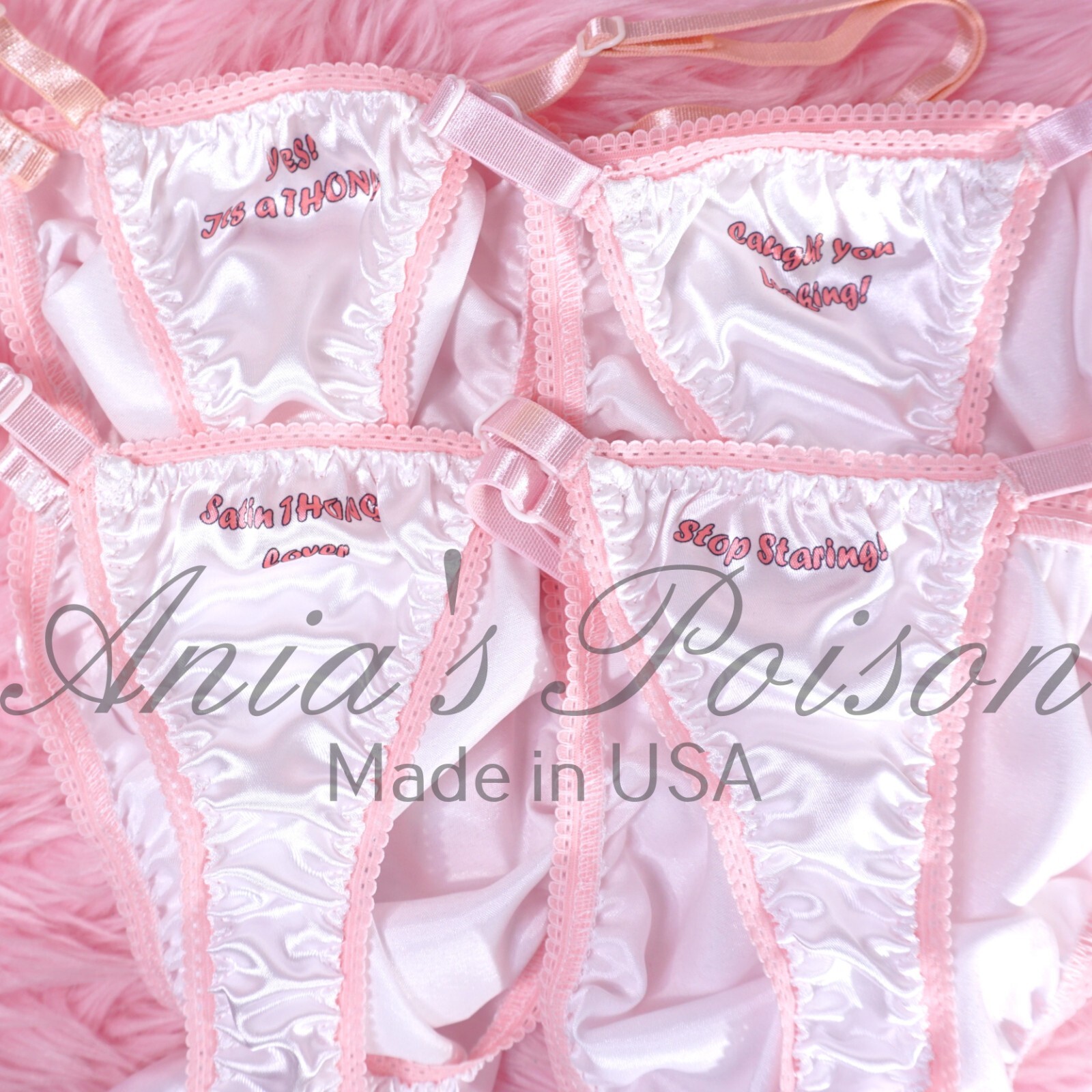 SATIN Humiliation T back Sissy Whale Tail thongs Peekaboo text! Custom available