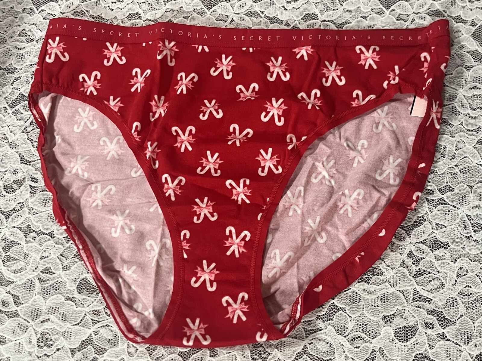 Victoria’s Secret Brief Red Candy Cane Panties Logo Waist Size Large