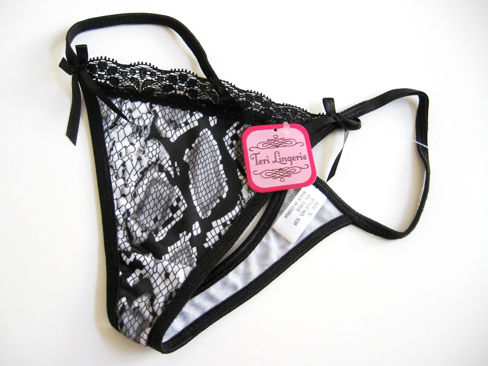 A0367 TERI Lingerie Snake Prints Sheer Mesh Silk Ribbons Lace Panel G-String NEW