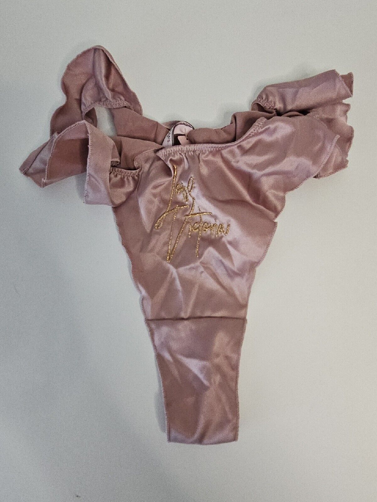 Victoria’s Secret Satin High Leg Ruffle Love Victoria Thong Mauve Size L NWT