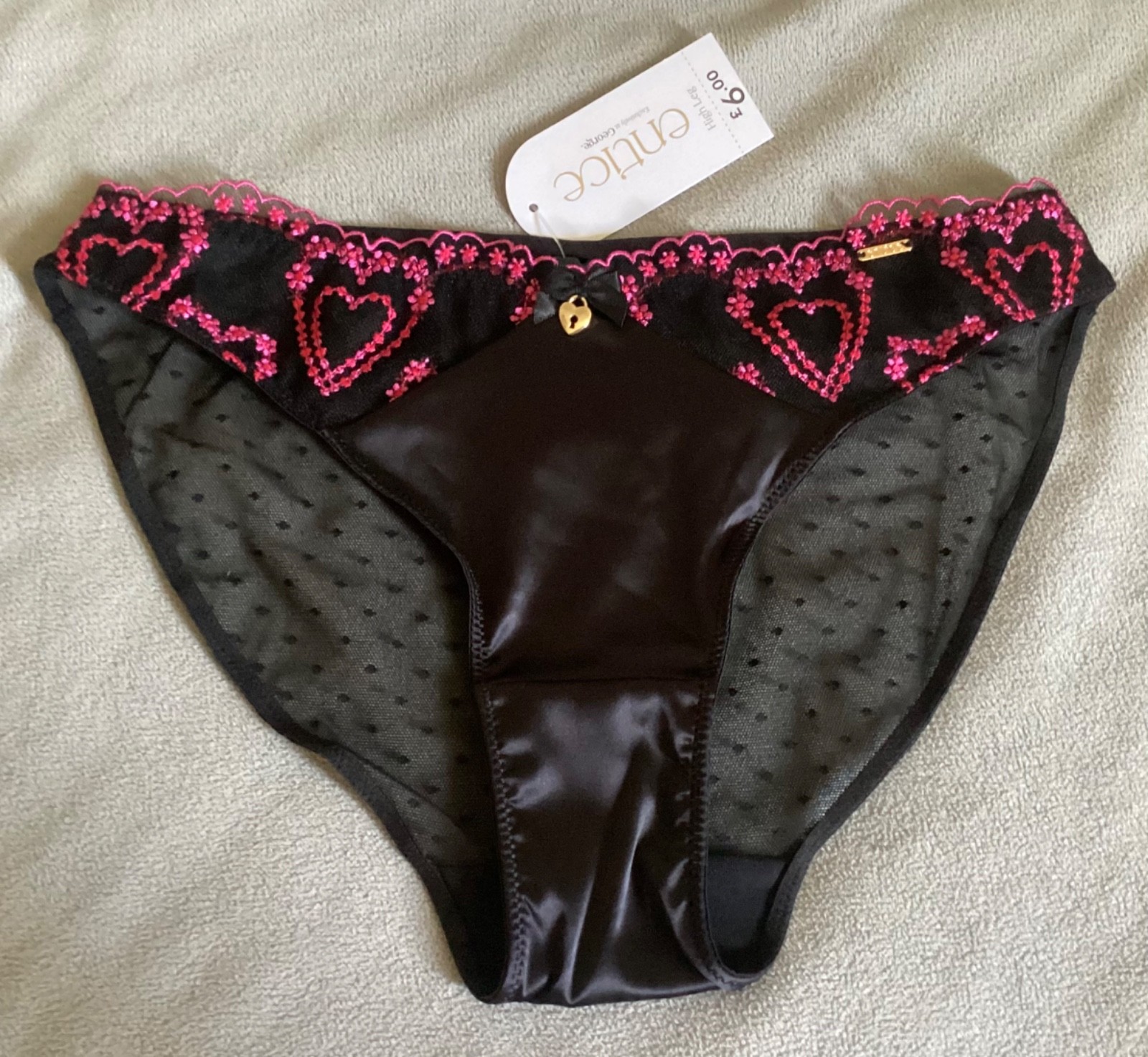 GEORGE Black with Embroidered Pink Hearts Satin,Lace & Mesh Knickers Sz 6 -BNWT