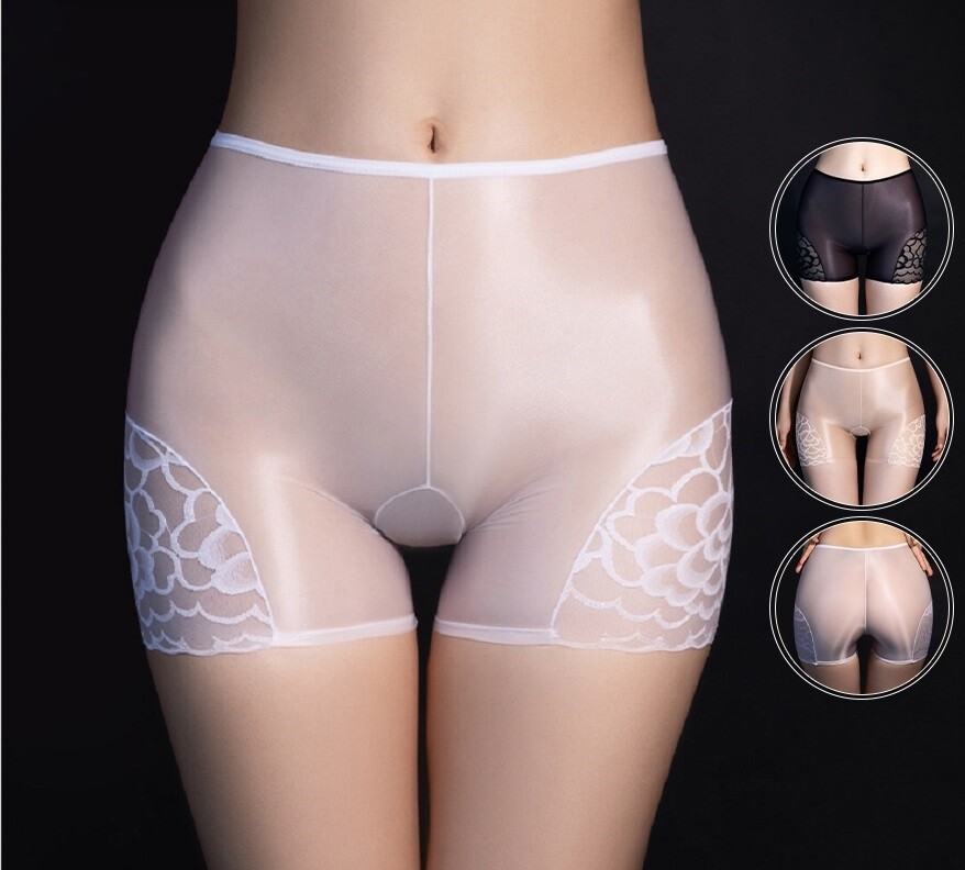 Plus Size Satin Lace Patchwork Underwear Shiny Glossy Panties Lingerie Shorts