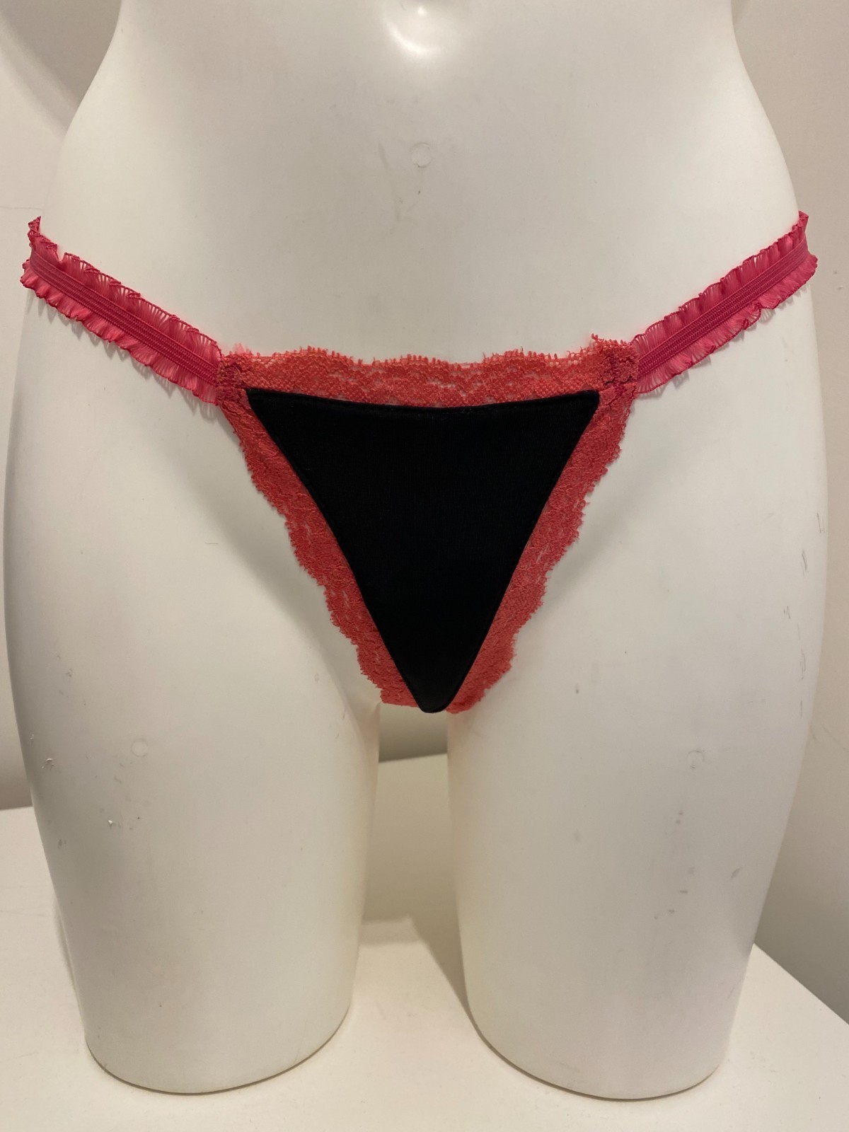 Baci Black & Hot Pink Lace Trim Thong Knickers G string panties ladies womens
