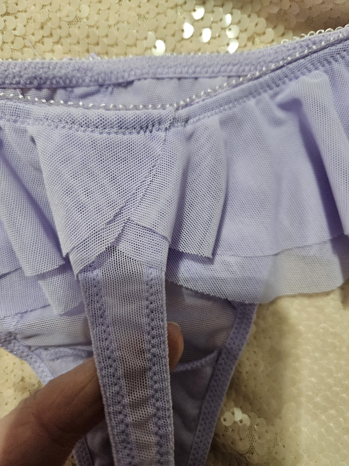 SAKI SILVER, WOMEN’S NEW LAVENDER NYLON BL LACE/MESH ANGEL WING THONG, SIZE S