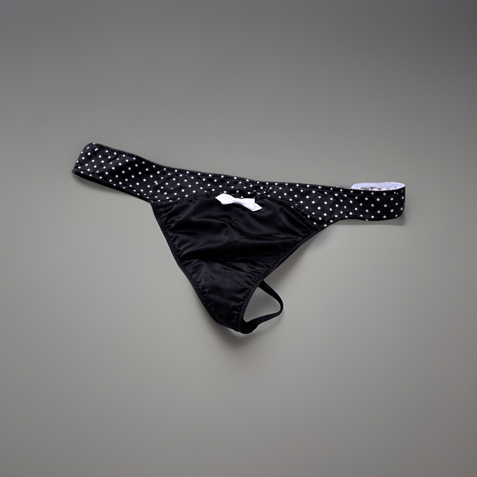 Vintage Victoria’s Secret Black Polka Dot Silky Satin V-String | Bow Y2K Rare