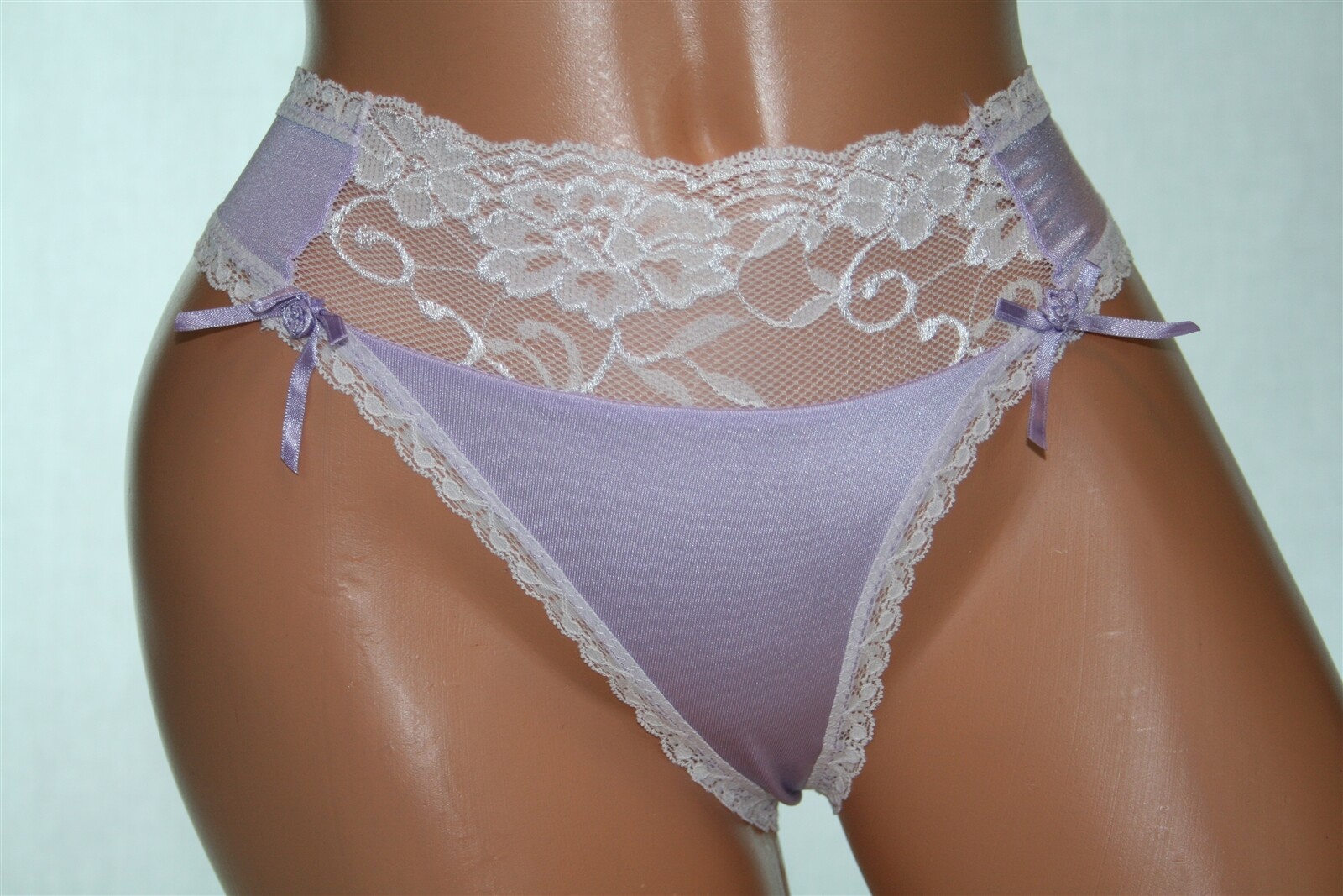 Shiny Lavender Purple Thong with Shiny Floral Lace and Rose Bud Bows Size XL
