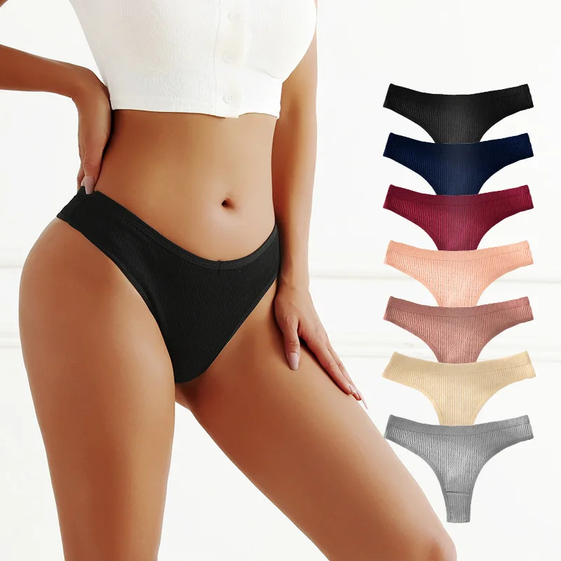 Cotton Thong Panties Low Rise Striped Soft Breathable Women’s Underwear 7 Pcs