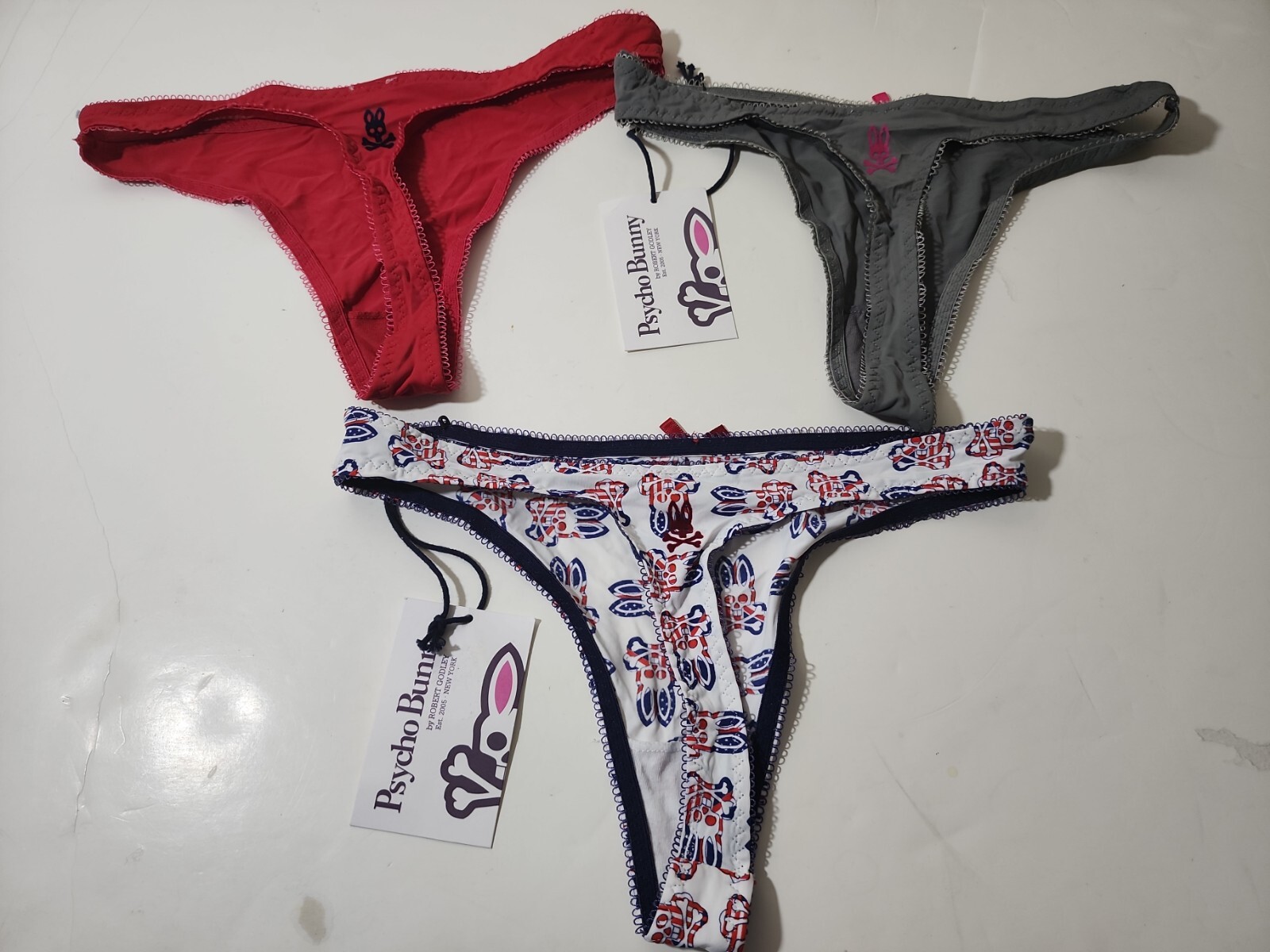 AUTHENTIC Psycho Bunny Womens Thong Panties String 3 Pcs Red Gray White Navy XS