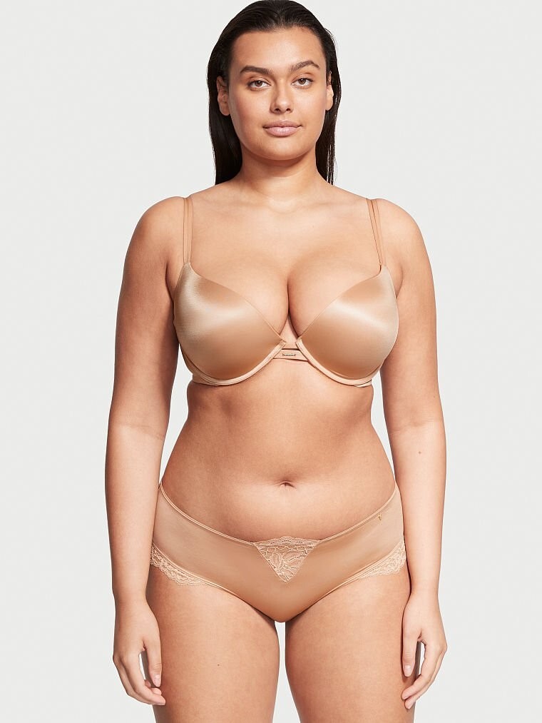XL Beige Tan Sand Satin Micro Lace Inset Very Sexy Cheeky Victorias Secret Panty