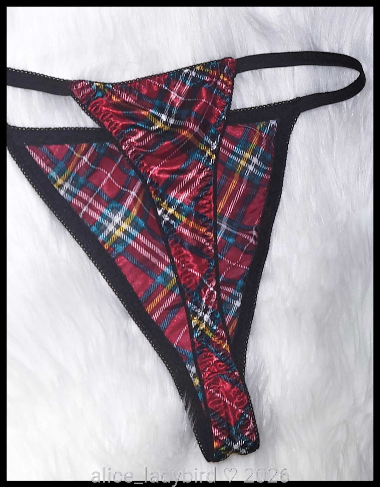 SHINY Vintage PLAID String Bikini PANTIES Glossy SATIN Thong ~M/L