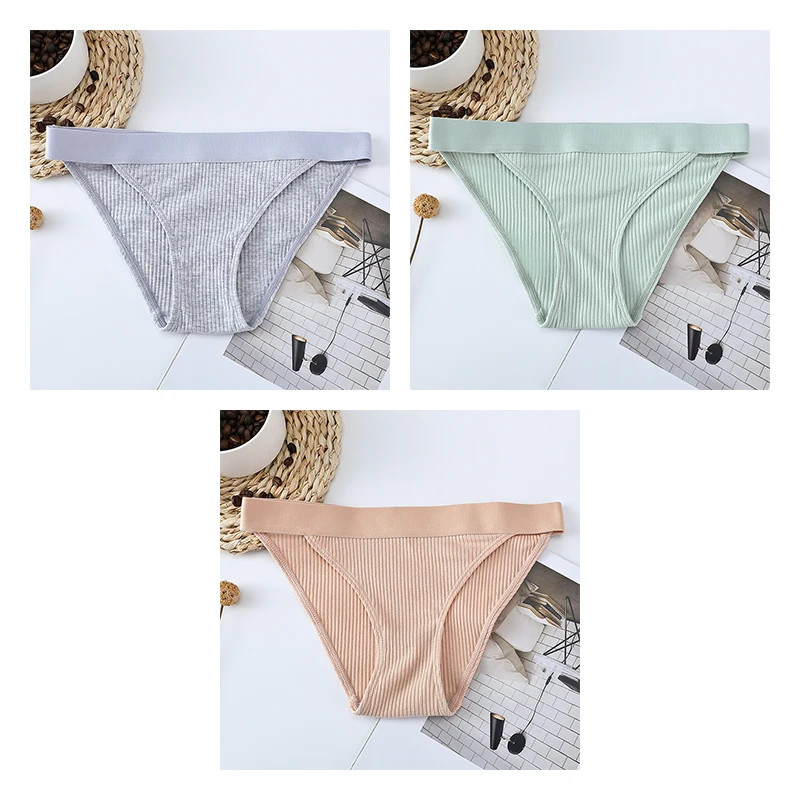 Mid Rise Brief Panties Striped Stretch Comfortable Breathable Underwear 3PCS
