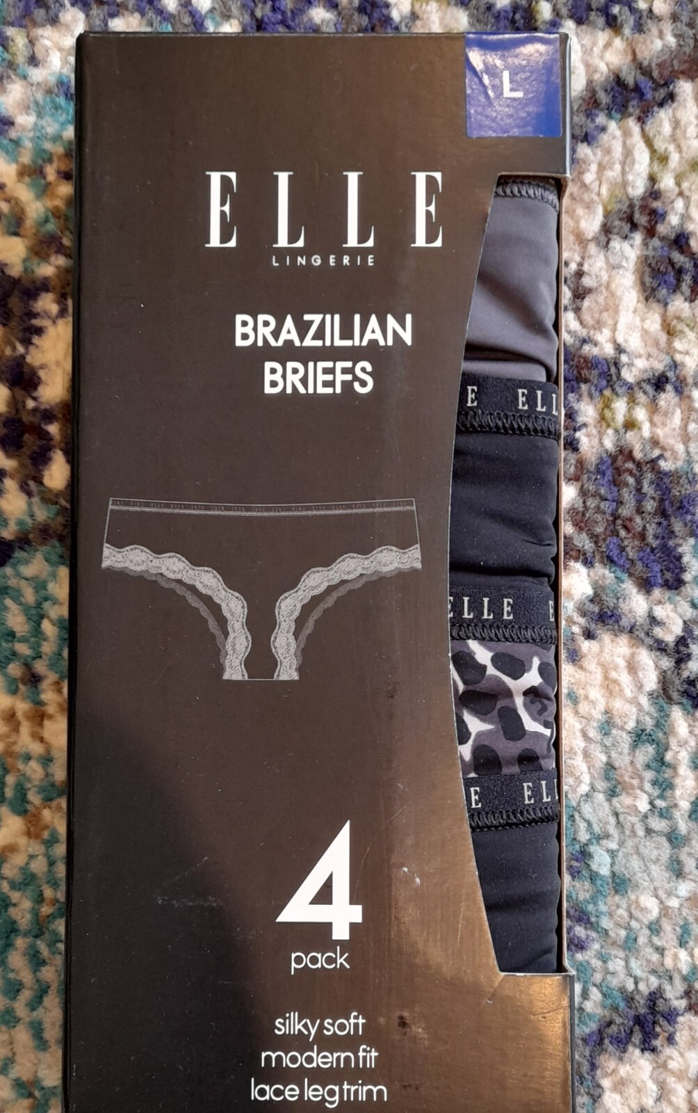 ELLE Womens Brazilian Briefs 3 Pack Lace Leg Trim Modern Fit SIZE L BRAND NEW