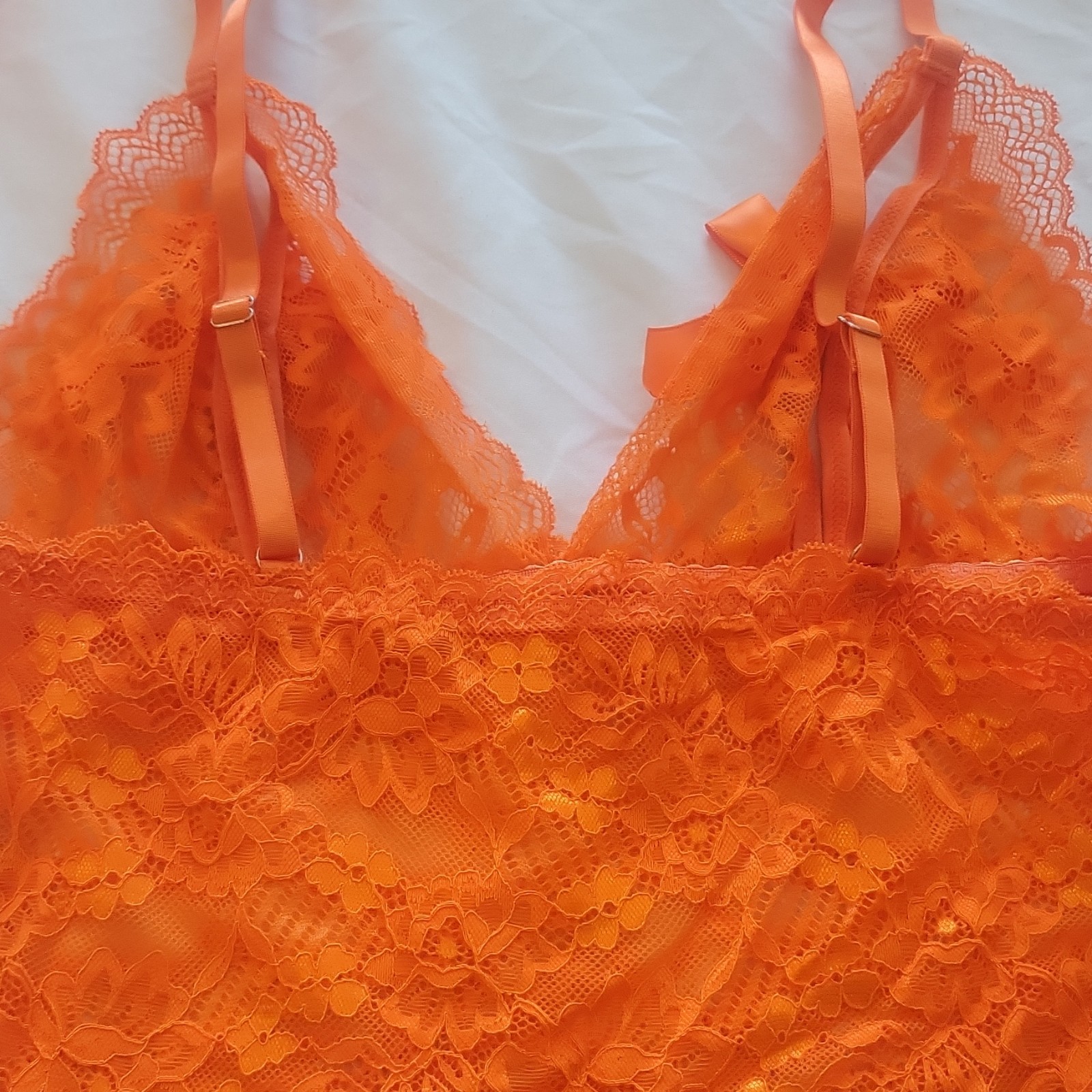 Orange Lace Boyshort Panties, Bow Accent, Size L, Polyamide Elastane