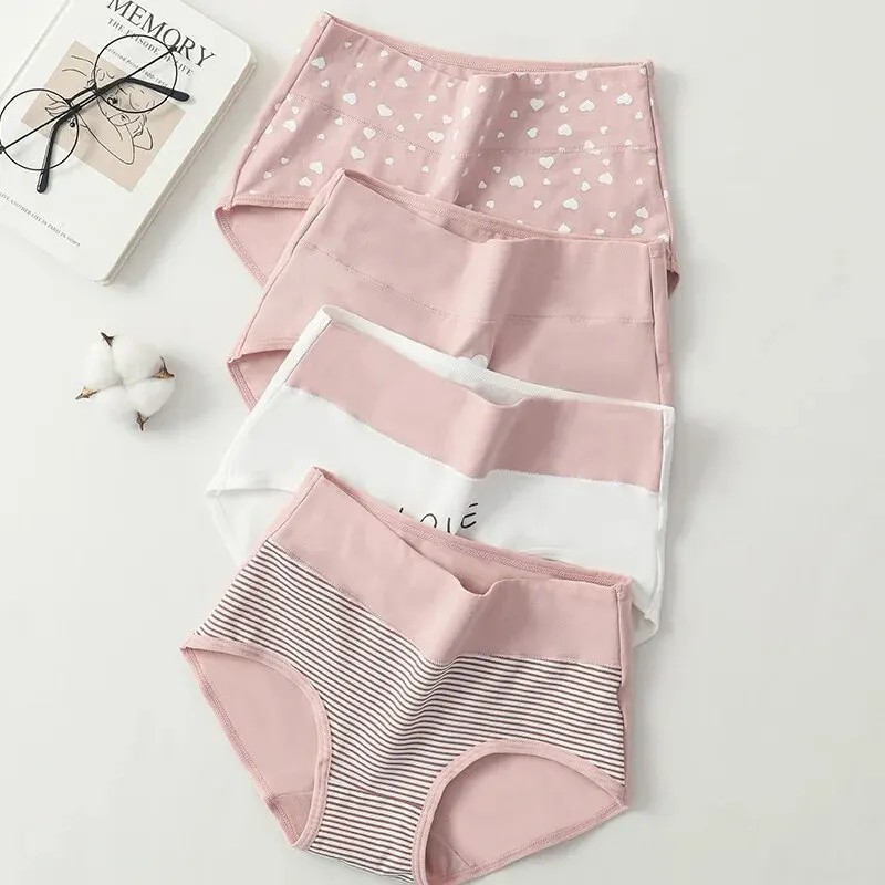 4Pcs Women High Waist Cotton Panties Breathable Printed Briefs M-4XL