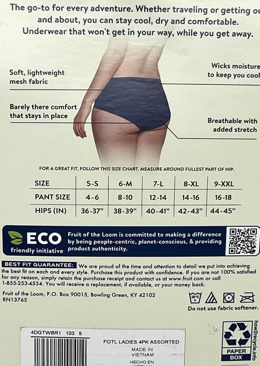 Fruit of the Loom Getaway Women’s Briefs Mesh SZ 5 Small 4-Pk Cooling Quick Dry