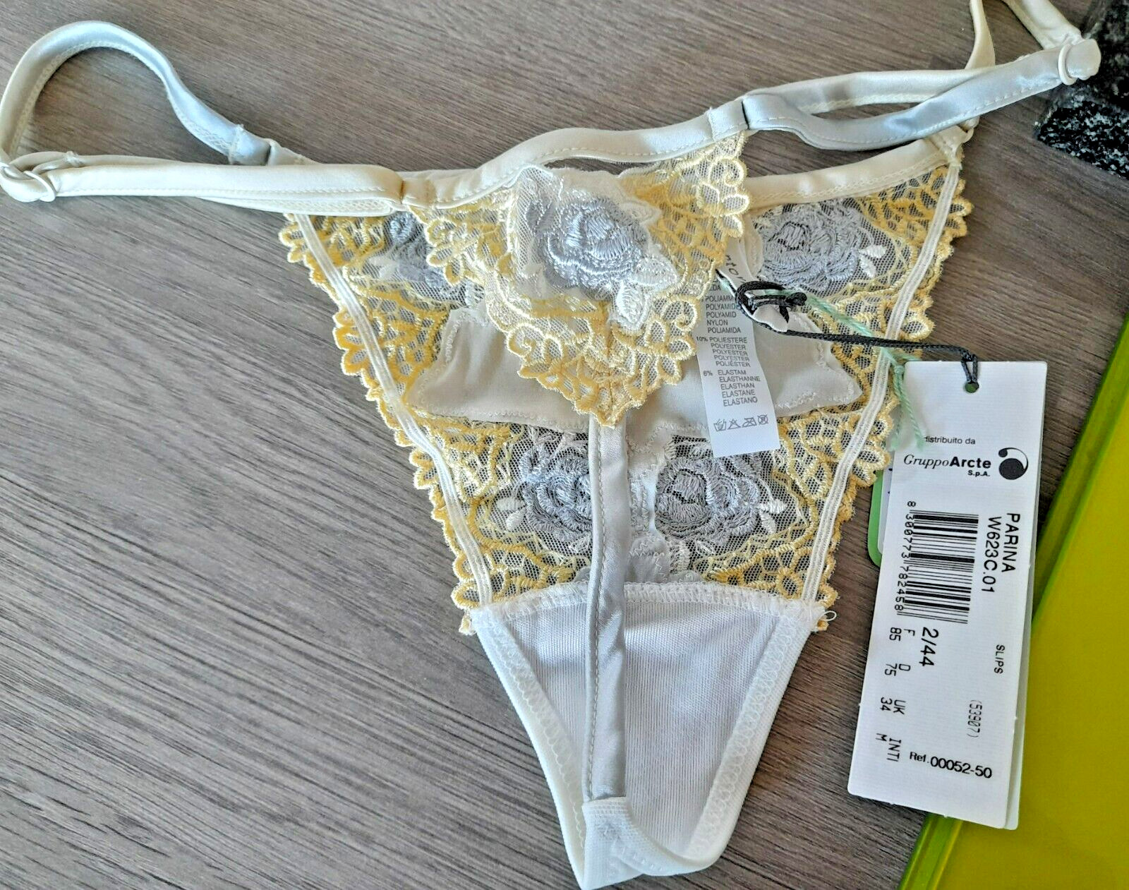 Argentovivo PARINA Silk/Sheer Ivory Mesh Gold/Silver Rose Embroidered G-String
