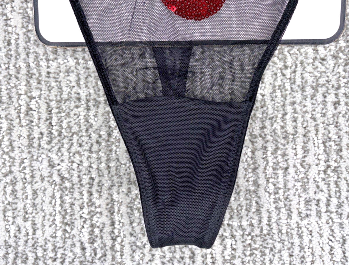 Victorias Secret Very Sexy NWT Medium Black Cherry Sequin Sheer Mesh Thong Panty
