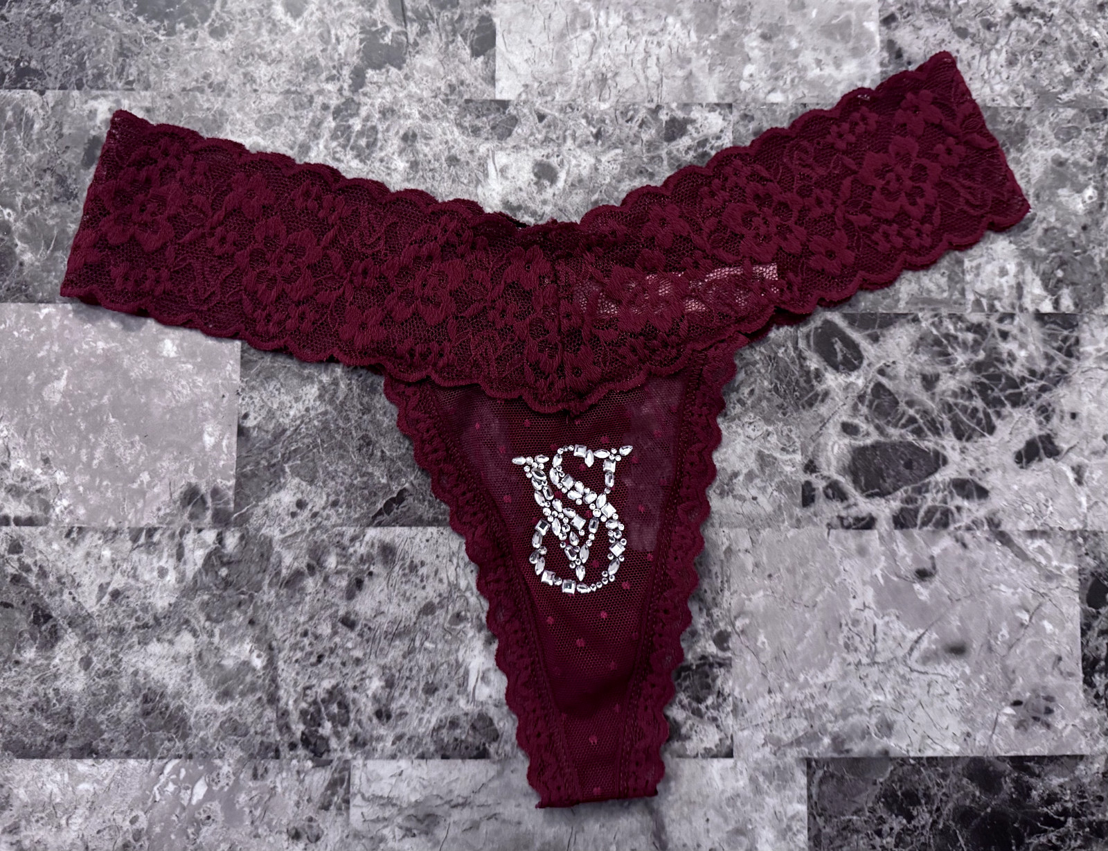 VICTORIA’S SECRET MAROON DOTTED MESH LACE RHINESTONE LOGO LACIE THONG PANTIES