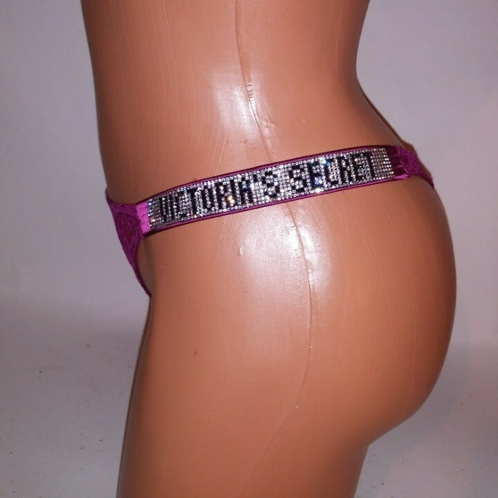 Victoria Secret Panty Thong XS Shine Strap Fuchsia Lace Bling Solid New
