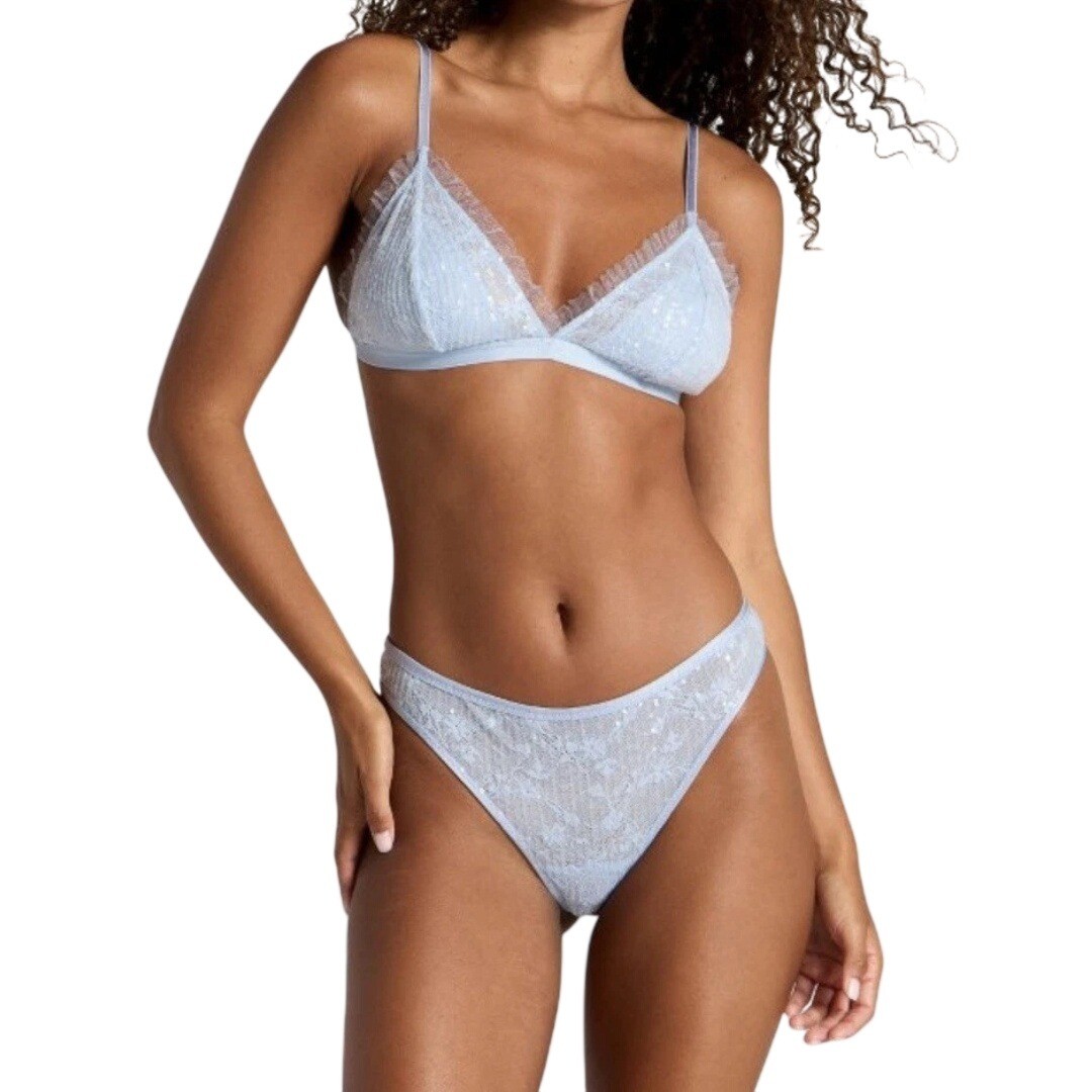 Wild Fable Women’s Blue Lace Sequin Bralette Thong Lingerie Set Size XXS