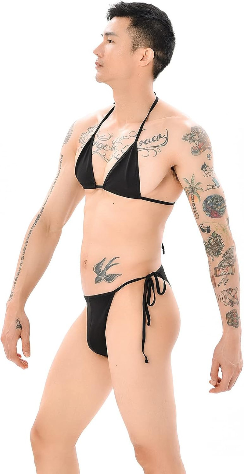 Men’S Adjustable Sissy Underwear 2 Pcs Sexy Bra Bikini Panties Set Halter Bra Br