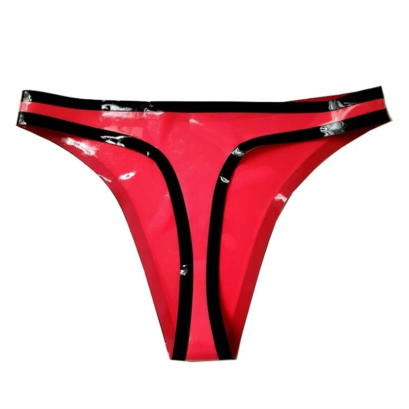Women Red with Black Trim Latex Briefs Panties G-string Rubber Shorts Underwear