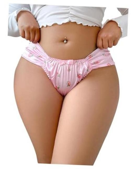 Women’s Plus Size Satin Underwear Floral Bow Bikini Panty 4X-Large Plus Pink