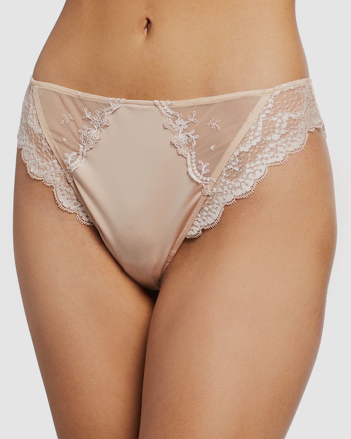 $126 Lise Charmel Women’s Beige Floral Lace Jacquard Stretch Soft Thong Size S