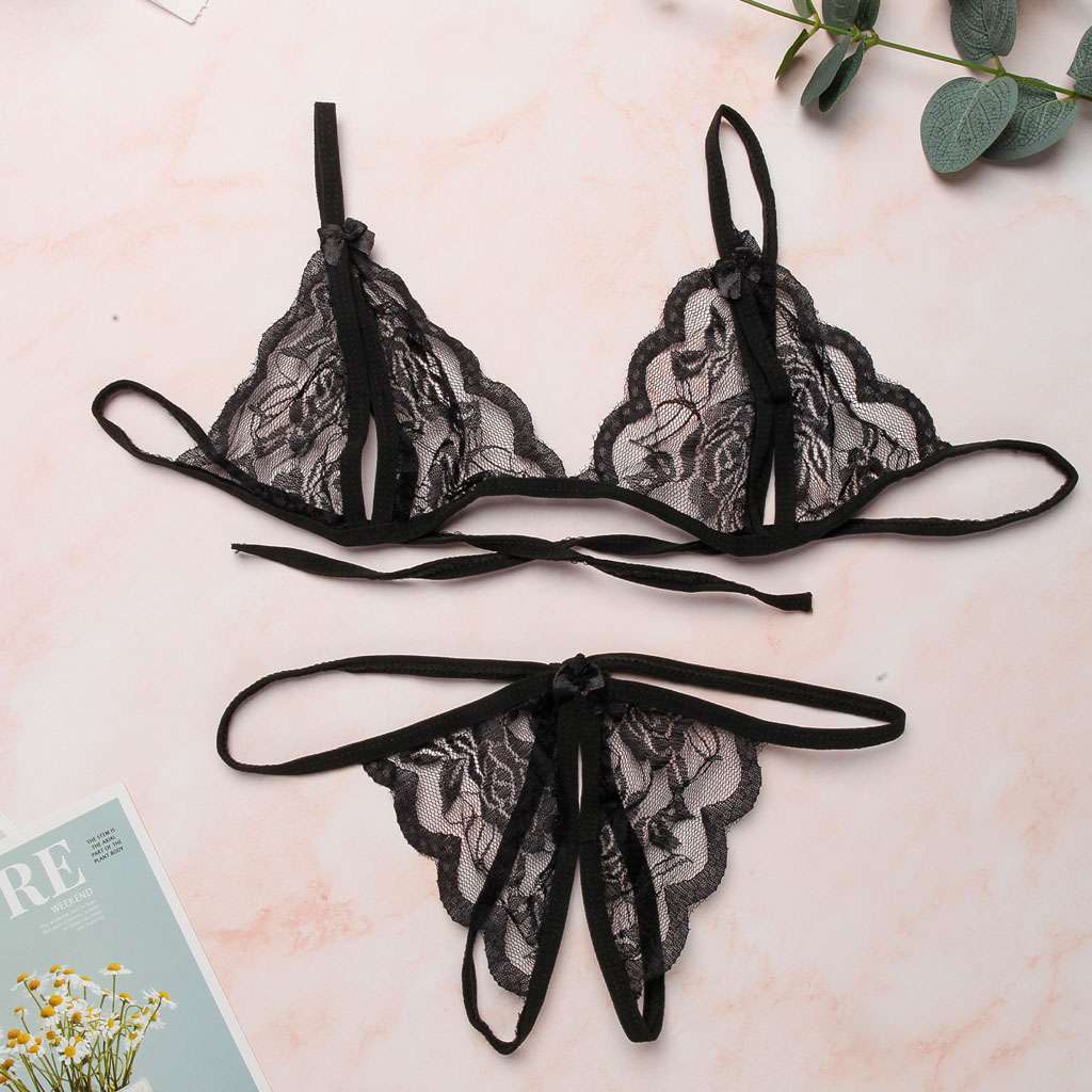 Women Lingerie Underwear Set Open Cup Sheer Lace Bra Open Crotch Pant Babydoll