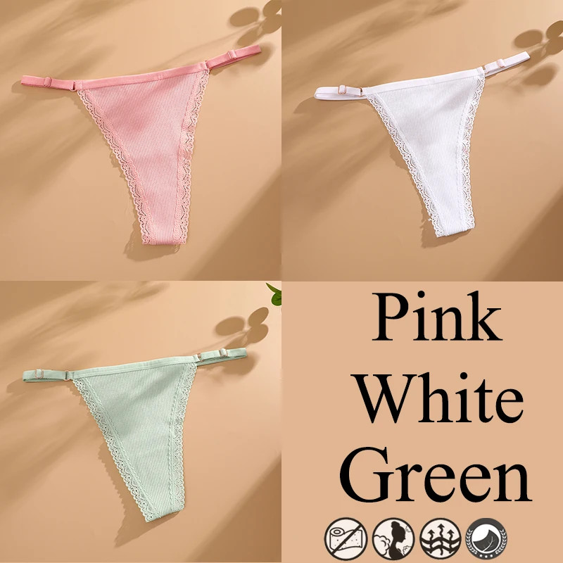 3pc Women Lace Thongs G-String Low Rise Panties Adjustable Waist Underwear