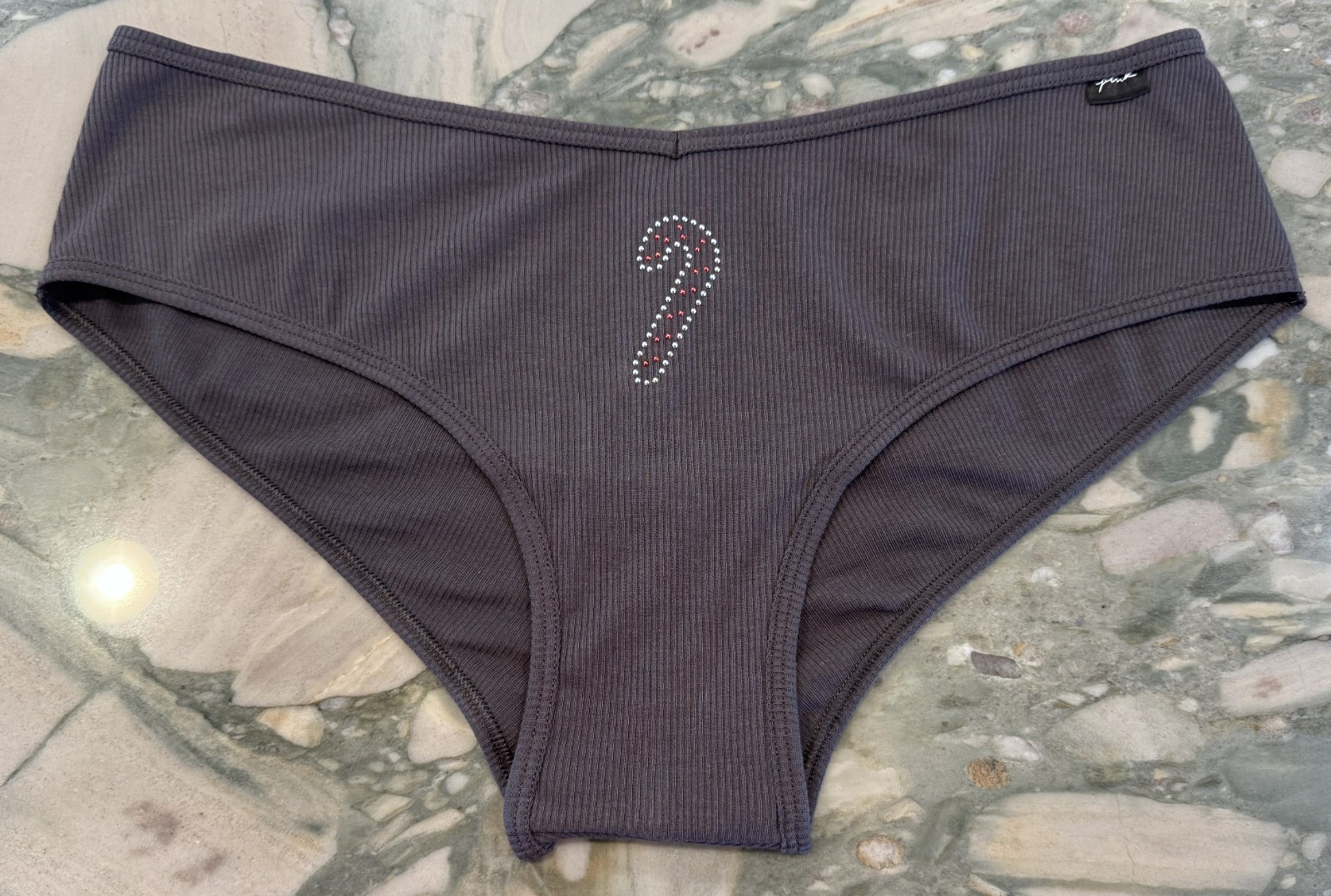 NEW Victoria Secret PINK Ribbed Cotton Cheeky – Gray Candy Cane Rhinestones XXL