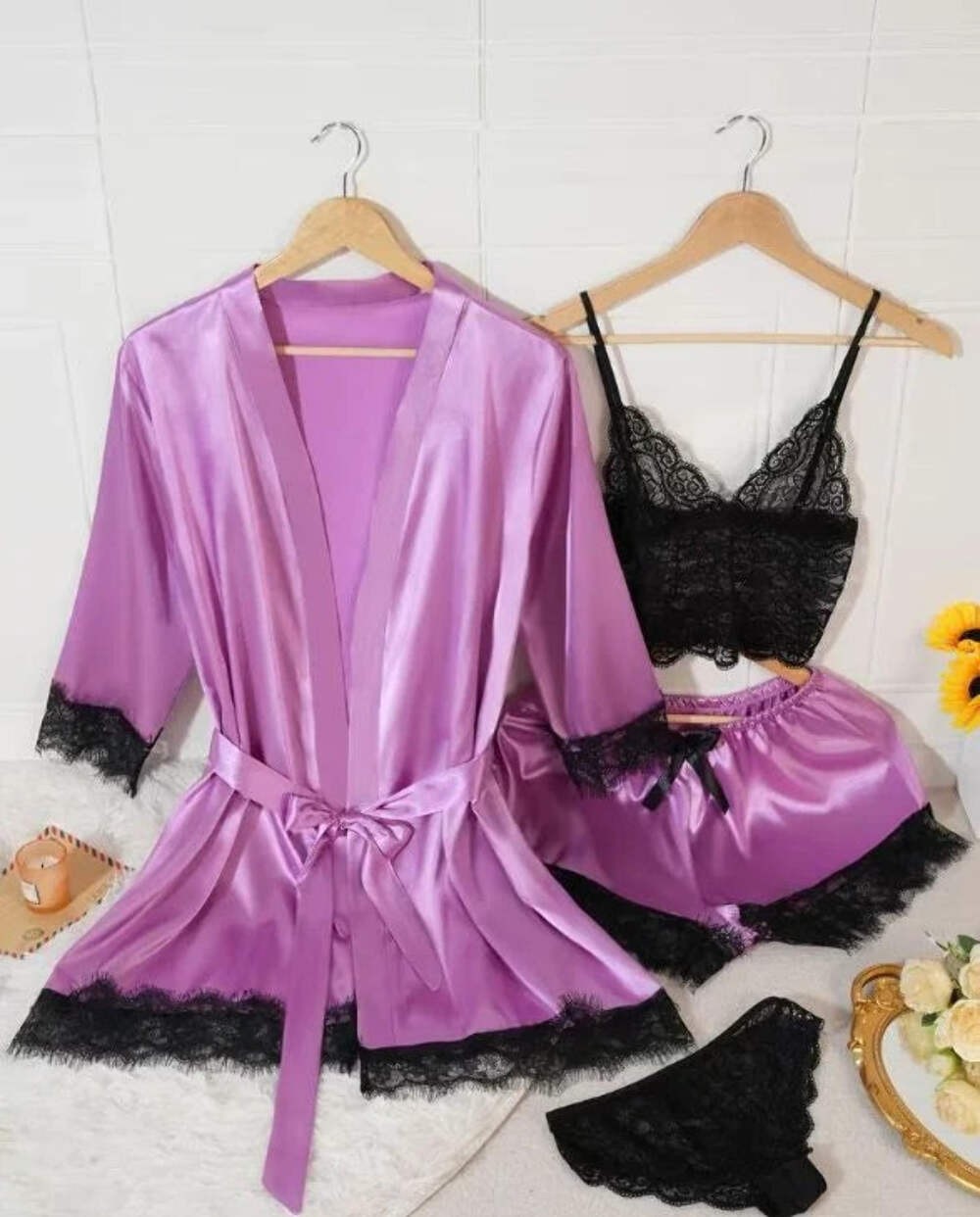 Silky feel purple satin black lace trim 4 piece lingerie set size 8 (S)