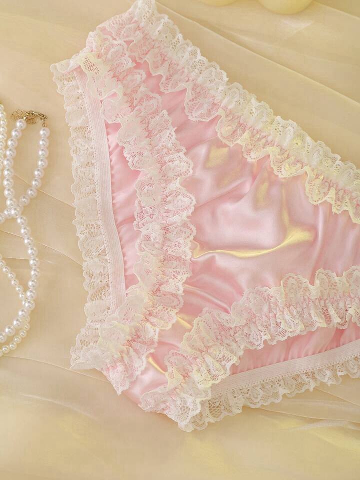 Satin Pink Lave Ruffles Sissy Ruffle Trim Open Crotch Bikini Brief Panties L NEW