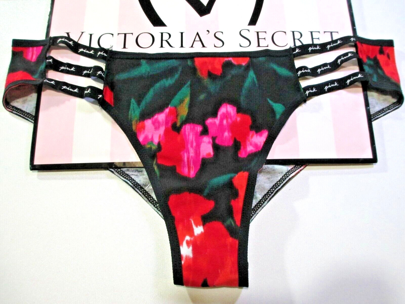VICTORIA’S SECRET PINK Cotton Cheeky Panty L Strappy NWT Floral VS Red Black