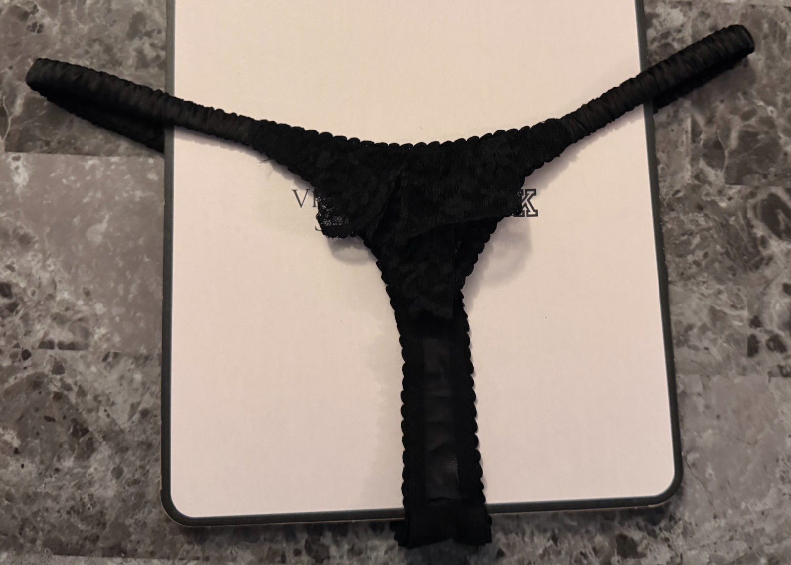 NWT VICTORIA’S SECRET XS BLACK MESH LACE RUFFLE PINK BOW RARE THONG PANTIES